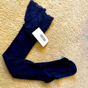 Knee high socks with lace detailing in navy, new with tags